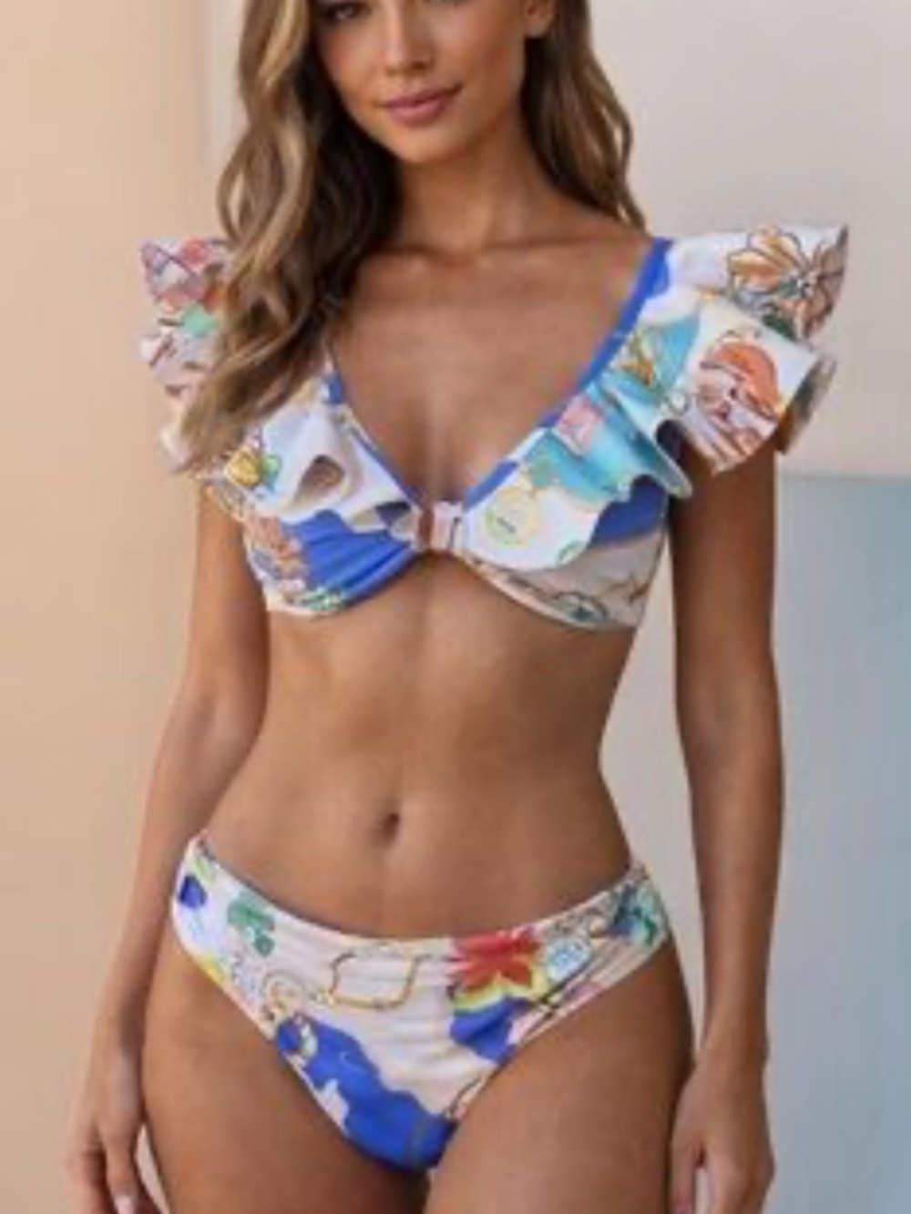 Antonio Melani Large XL bikini swimsuit ocean print nwt ruffled top
